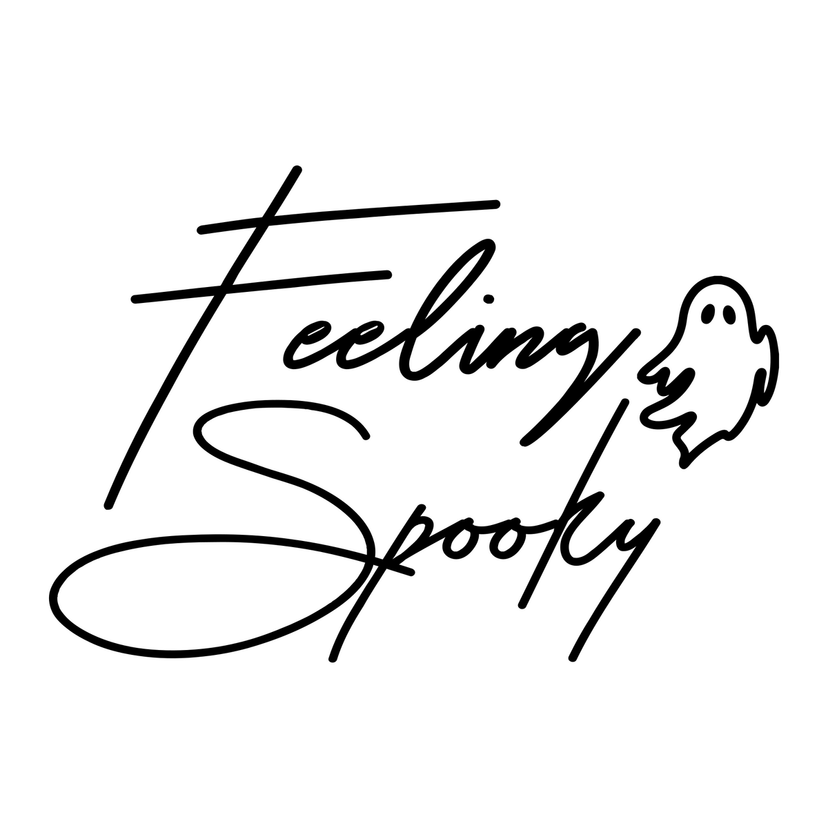 Feeling Spooky Ghost window sticker showing script Feeling Spooky lettering with a small ghost, black vinyl artwork on a plain white background