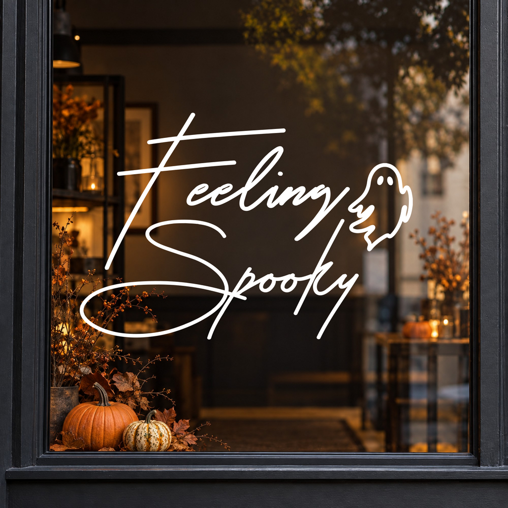 Feeling Spooky Ghost window sticker showing script Feeling Spooky lettering with a small ghost, white vinyl on a dark shop window with a charcoal frame