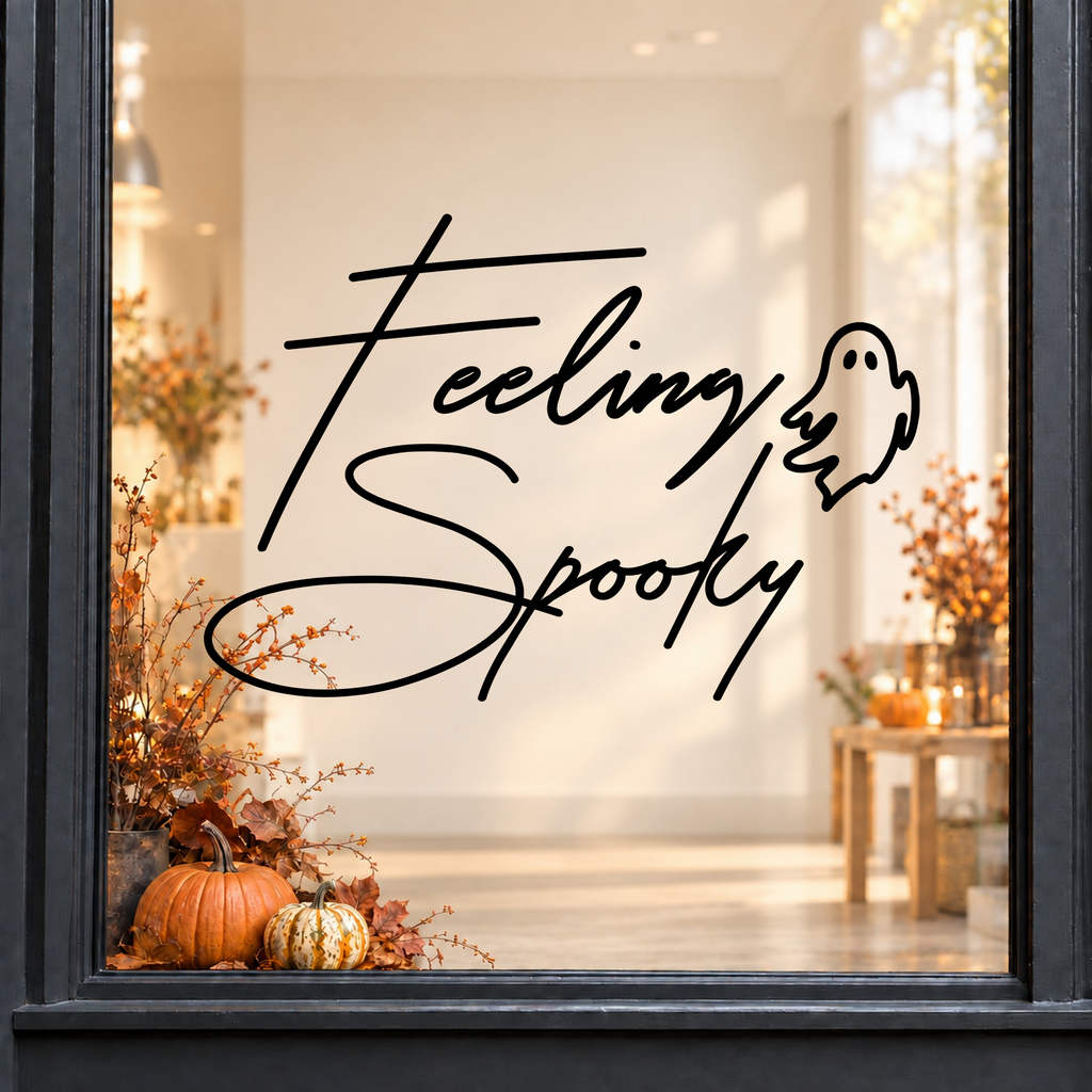 Feeling Spooky Ghost window sticker showing script Feeling Spooky lettering with a small ghost, black vinyl on a light shop window with a dark charcoal frame