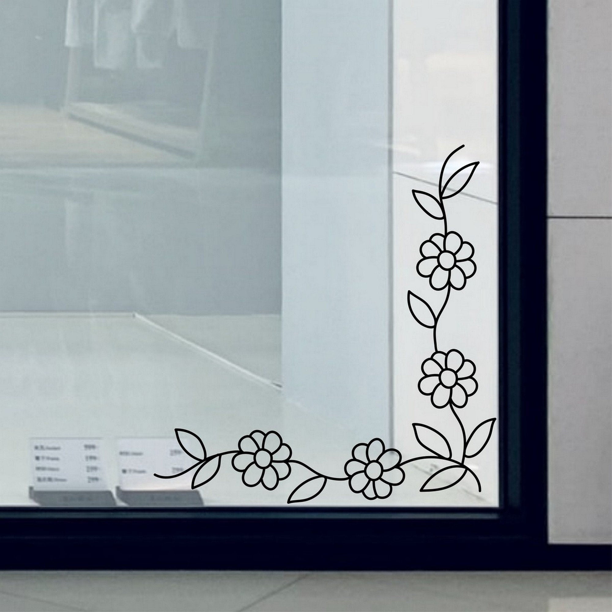 Floral Vine Corner Window Sticker for Shops & Homes close-up showing the outline floral design