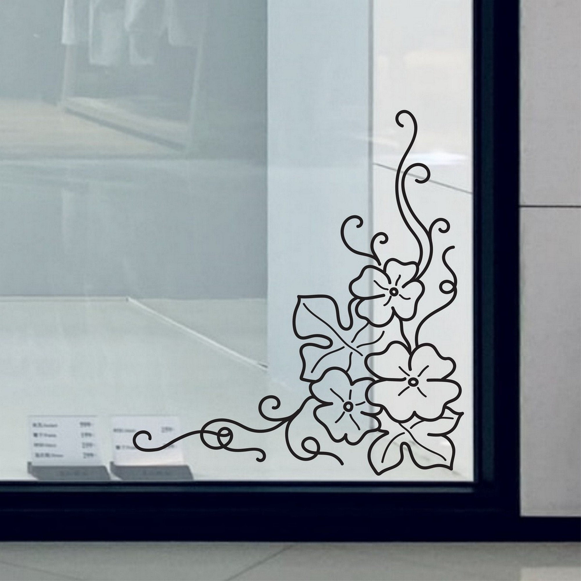 Floral Swirl Corner Window Sticker for Shops & Homes close-up showing the outline floral design