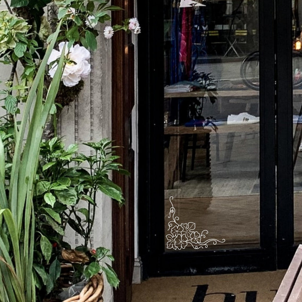 Floral Swirl Corner Window Sticker for Shops & Homes fitted to a shopfront glass door