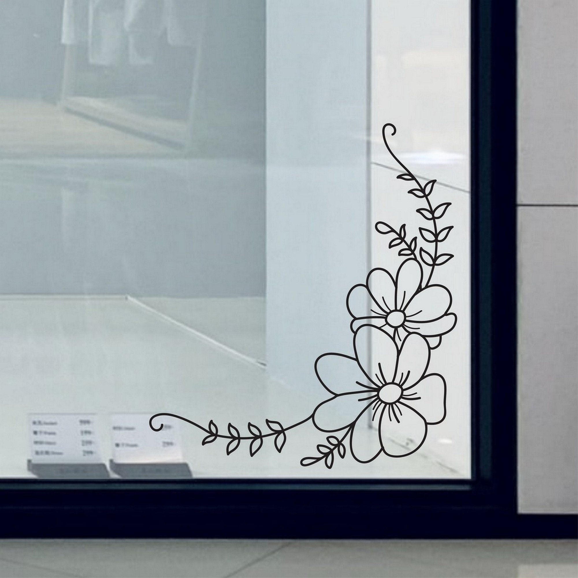Flower & Leaf Corner Window Sticker for Shops & Homes close-up showing the outline floral design