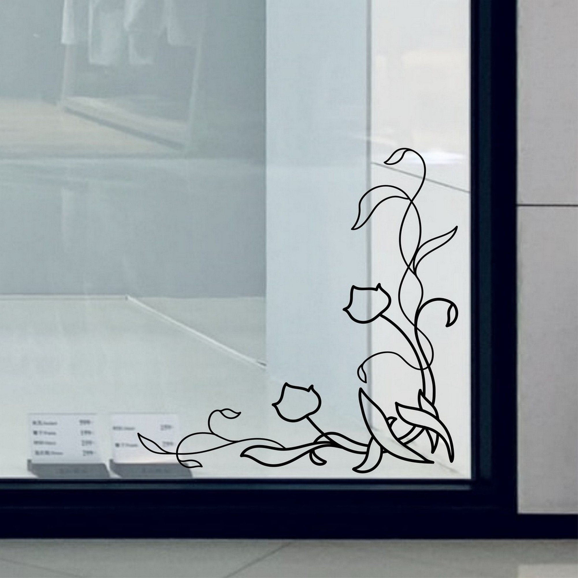 Leaf & Flower Corner Window Sticker for Shops & Homes close-up showing the outline floral design