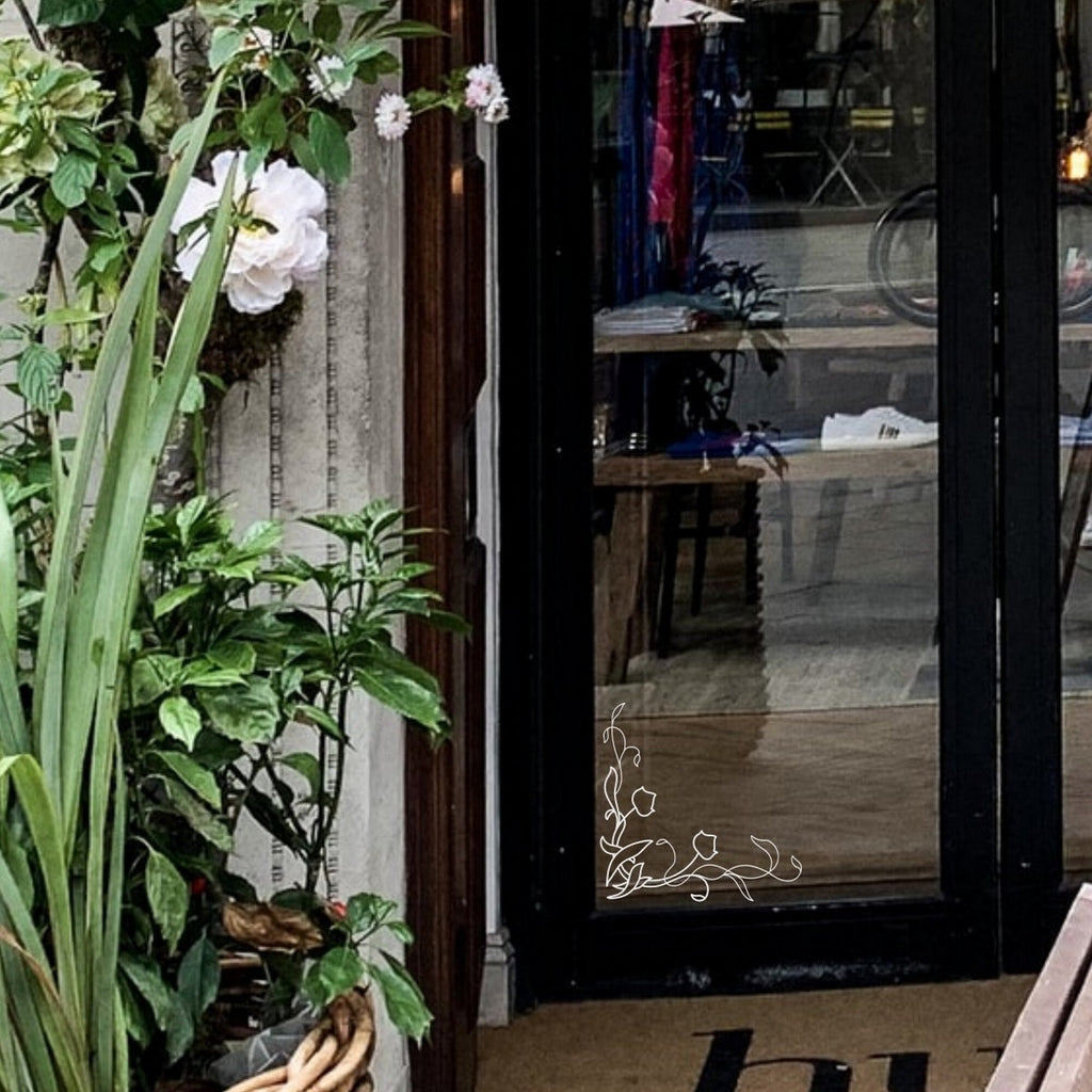 Leaf & Flower Corner Window Sticker for Shops & Homes fitted to a shopfront glass door