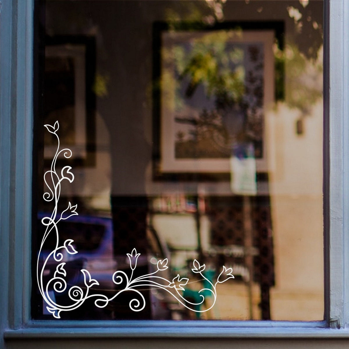 Floral Corner Window Sticker for Shops & Homes displayed on a shop window