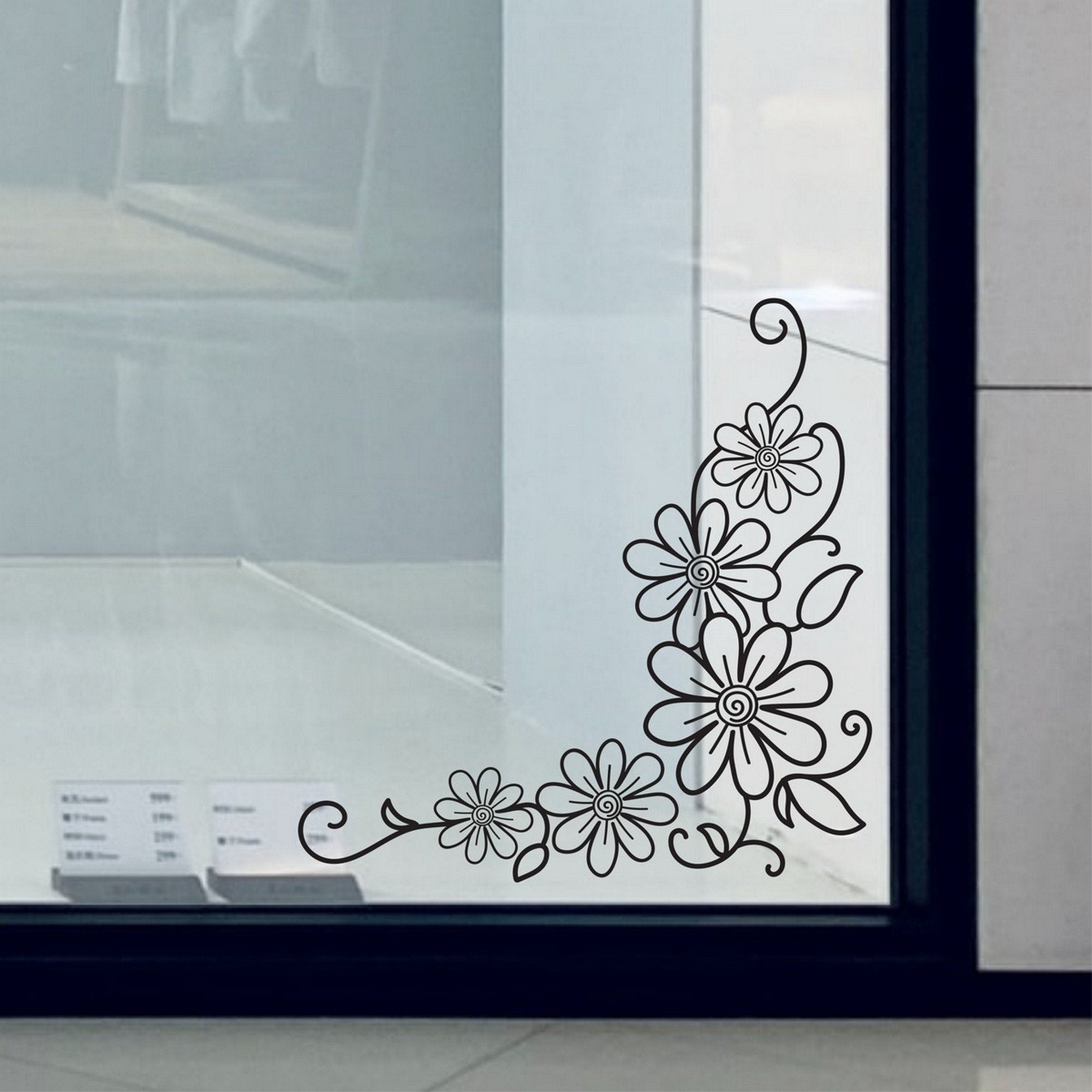 Daisy Floral Corner Window Sticker for Shops & Homes close-up showing the outline floral design