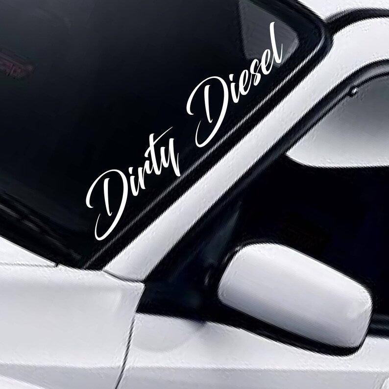 Dirty Diesel stacked white vinyl windscreen sticker fitted to a car