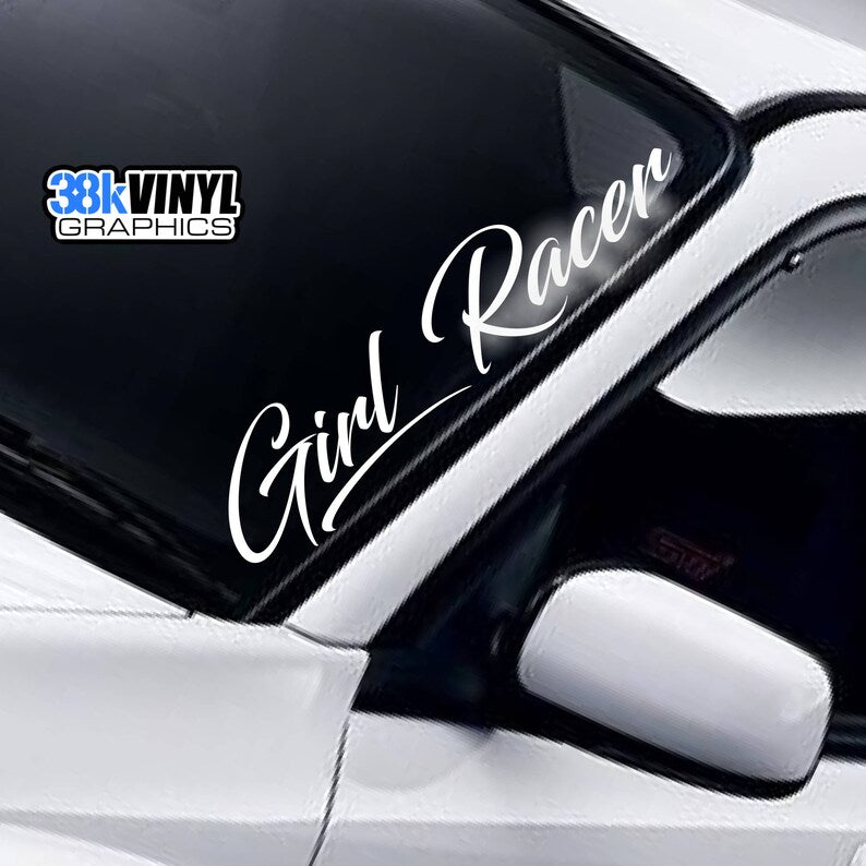 Girl Racer script white vinyl windscreen sticker fitted to a car