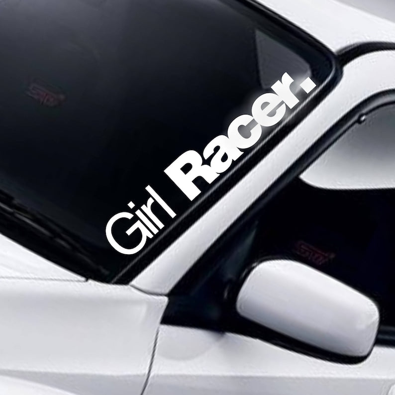 Girl Racer white vinyl windscreen sticker fitted to a car