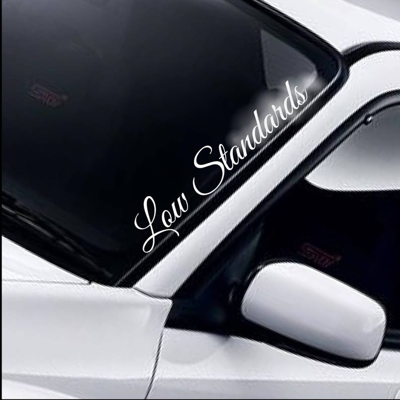 Low Standards script windscreen sticker fitted to a car windscreen