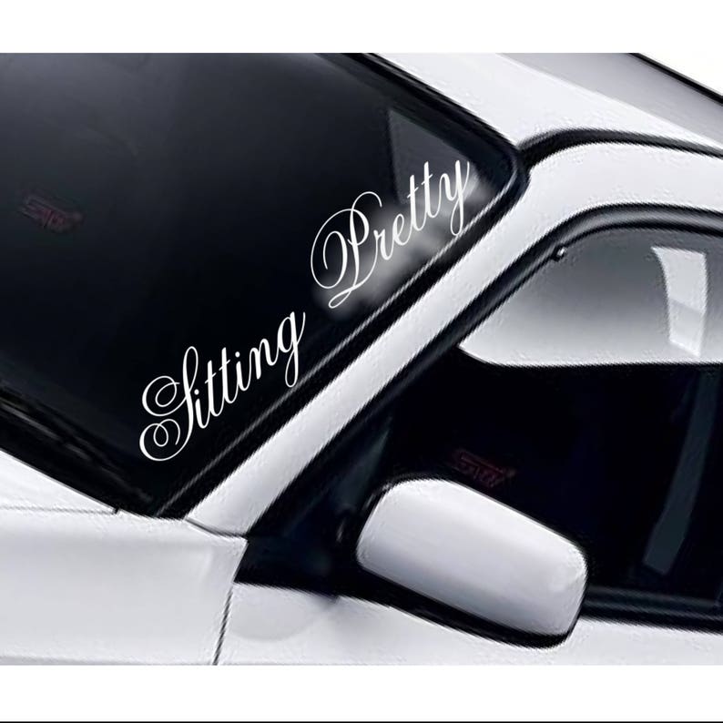 Sitting Pretty script windscreen sticker fitted to a car windscreen