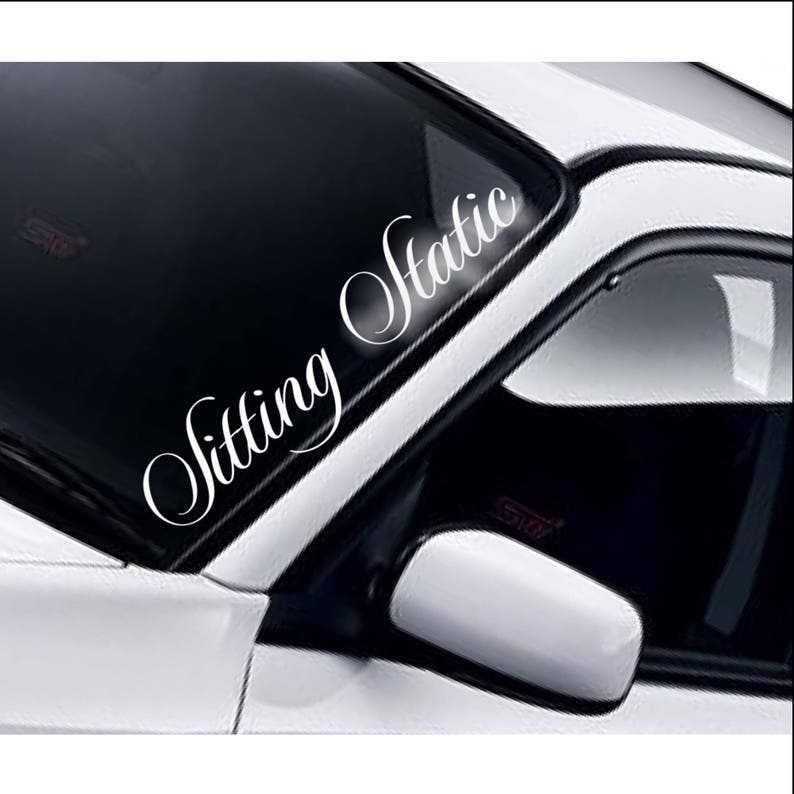 Sitting Static script windscreen sticker fitted to a car windscreen