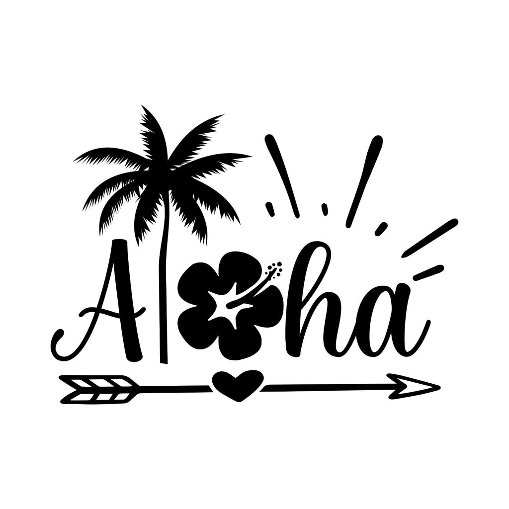 Aloha palm tree, hibiscus, sunshine rays and heart arrow design shown in black on white.