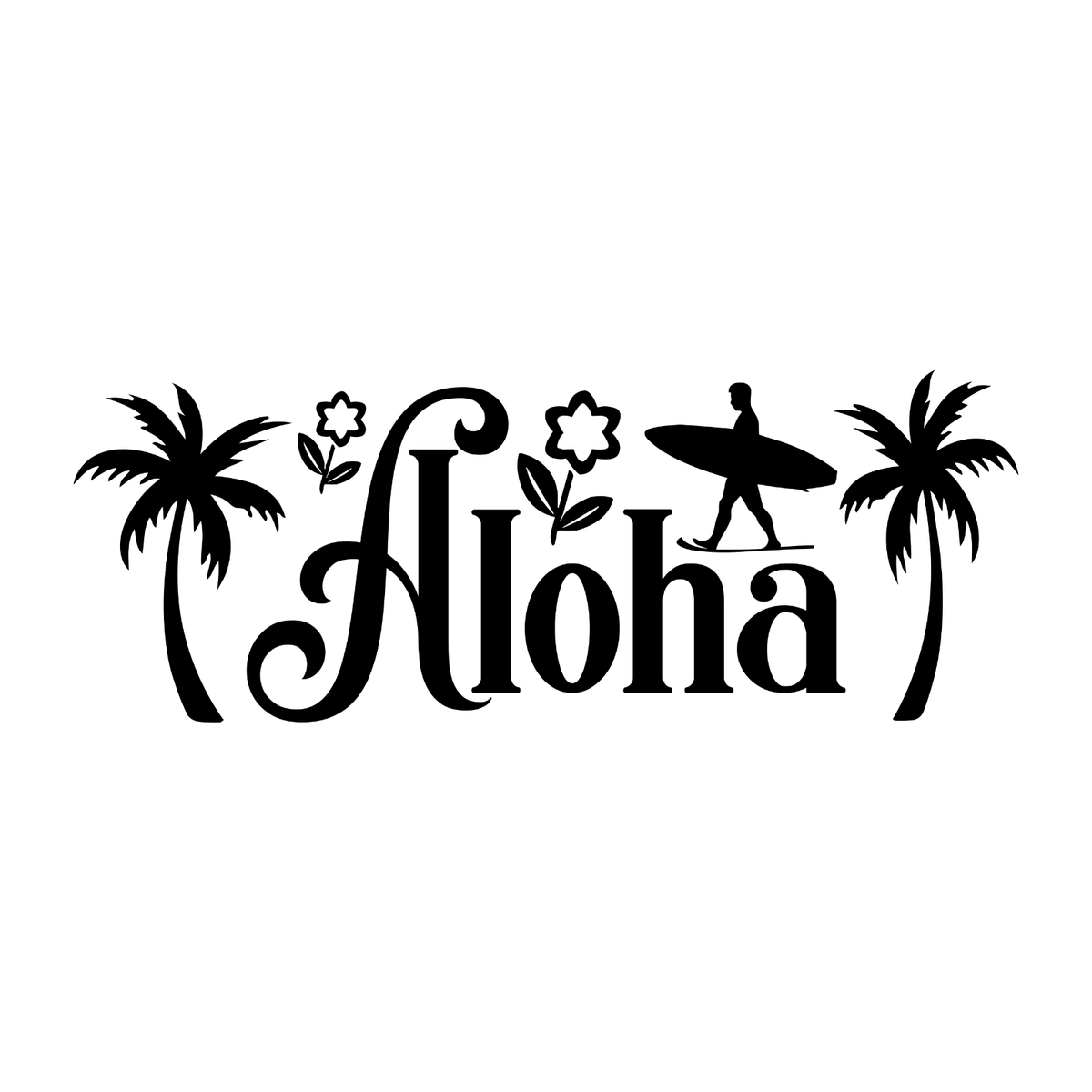 Aloha lettering with palm trees, flowers and a surfer, shown in black on white.