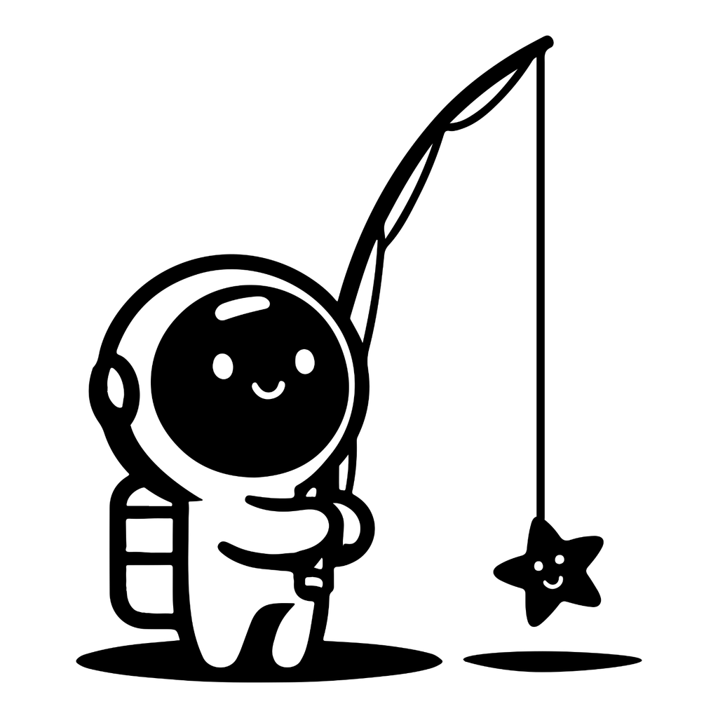 Black astronaut fishing for a star sticker design shown on a white background.