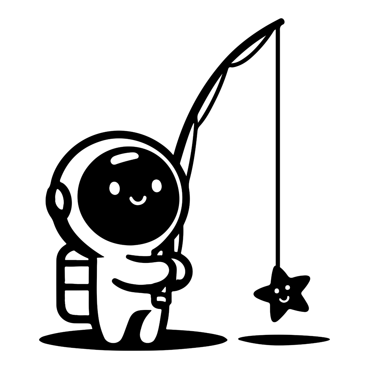 Black astronaut fishing for a star sticker design shown on a white background.