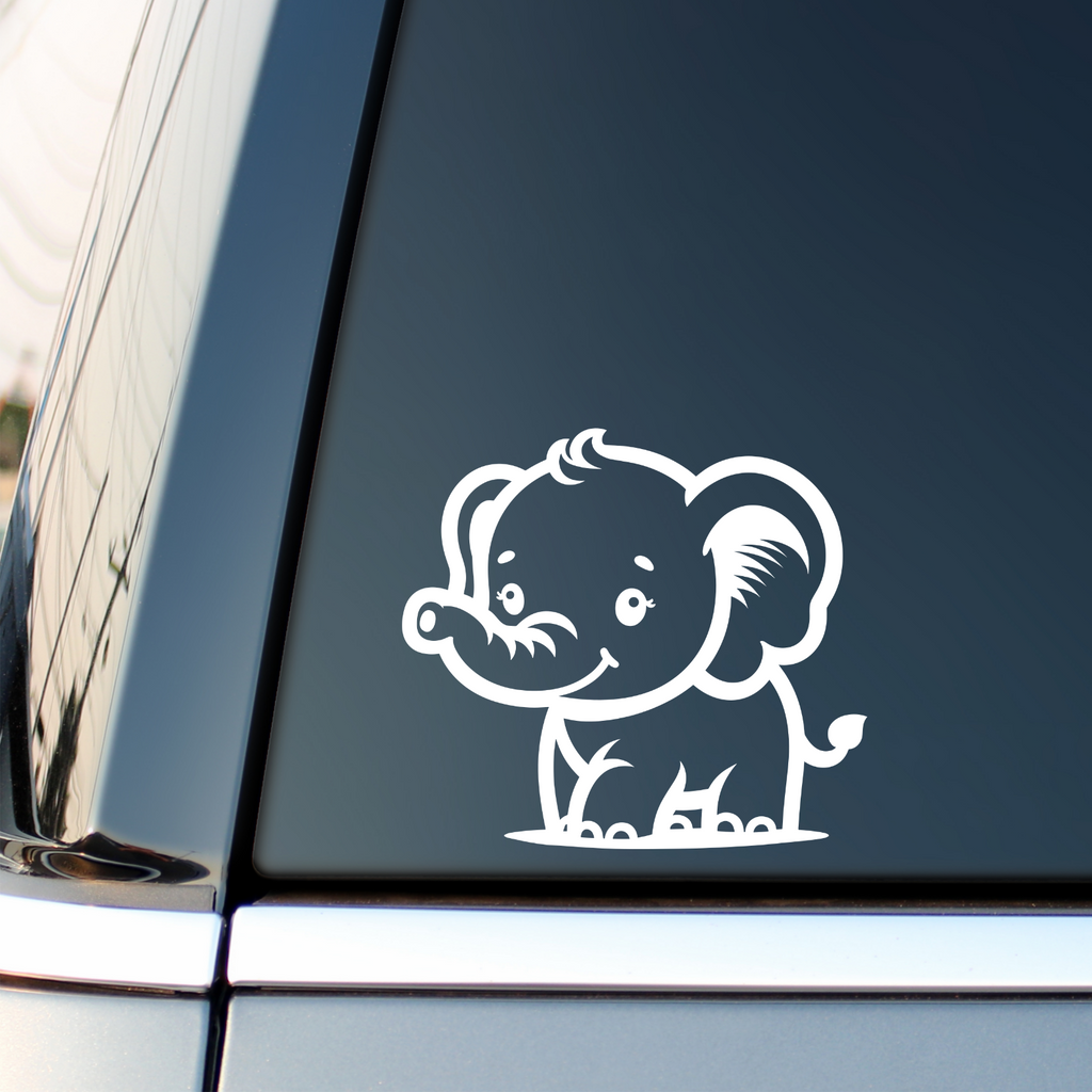 White baby elephant decal on a vehicle side window.