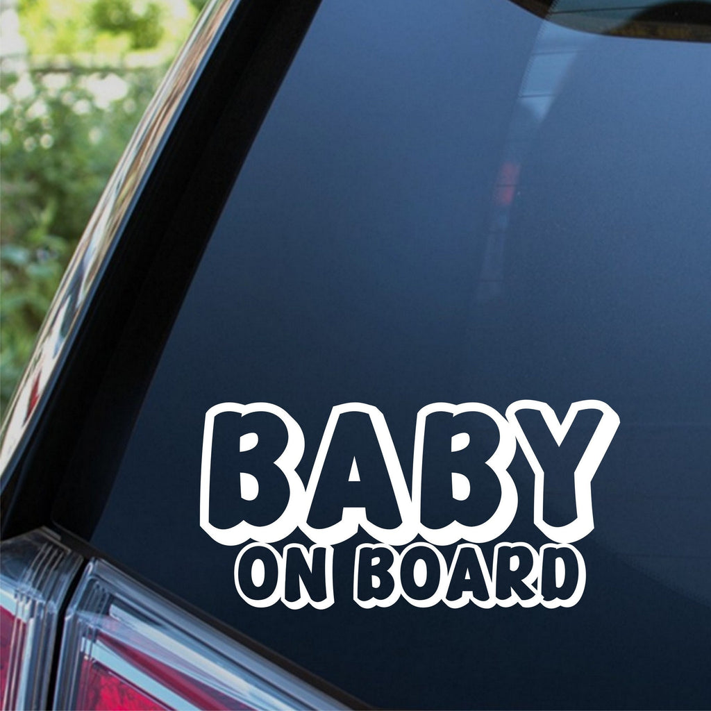 Baby On Board outline car sticker shown on a dark vehicle window