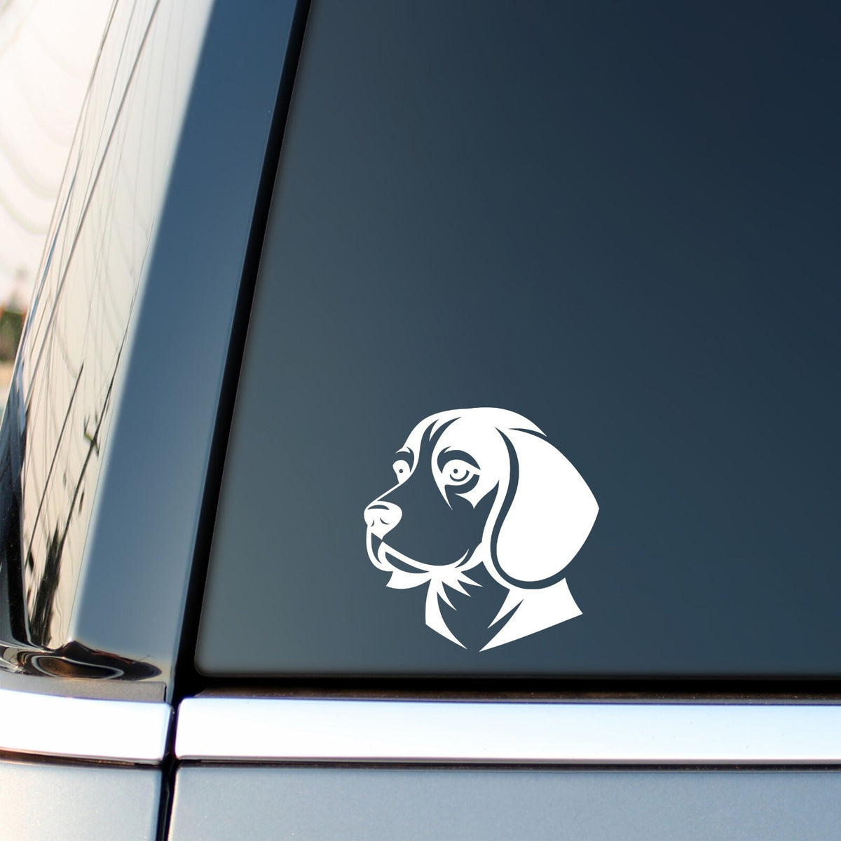 White Beagle Portrait decal on a car side window.