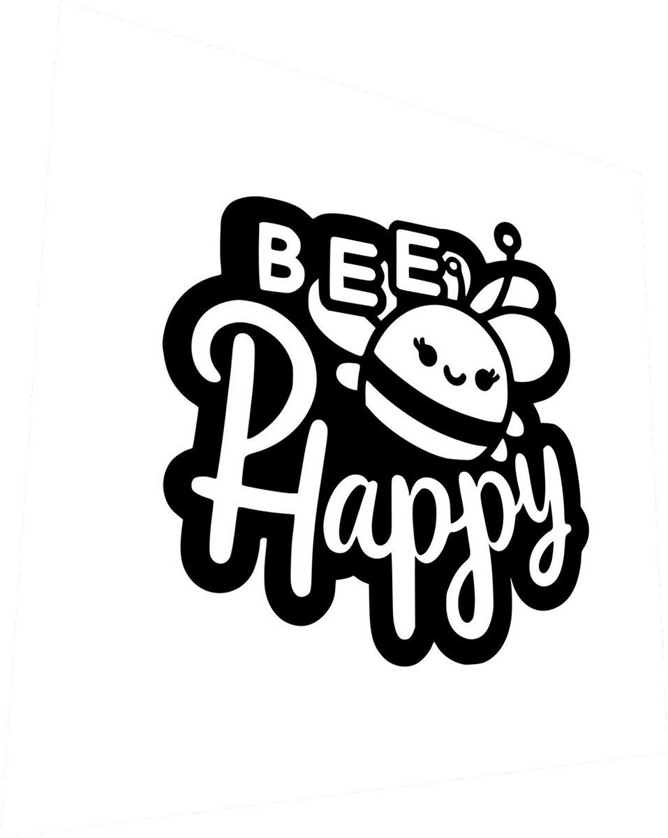 Bee Happy bold lettering decal design shown in black on a tall white background.