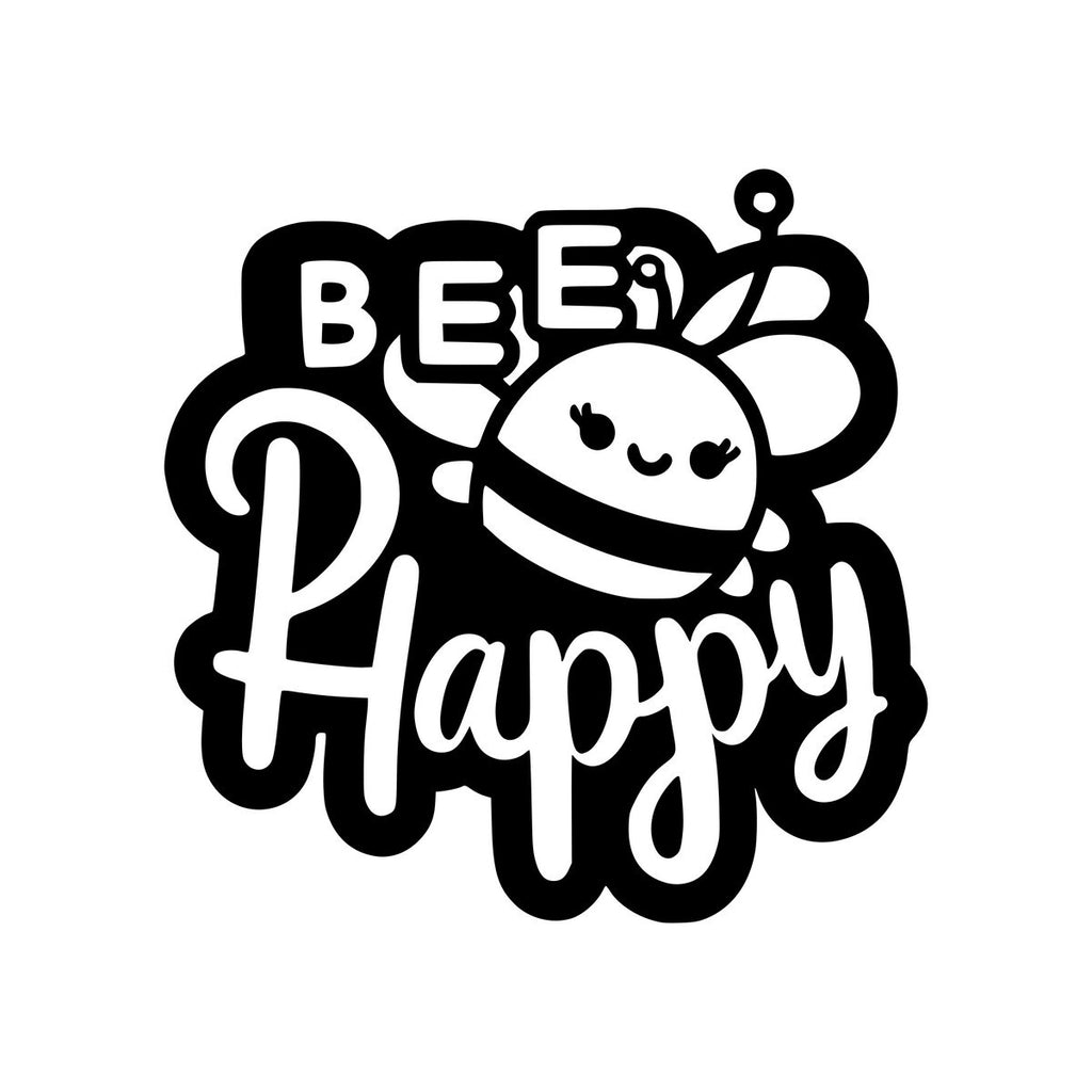 Bee Happy bold lettering design shown in black on a square white background.