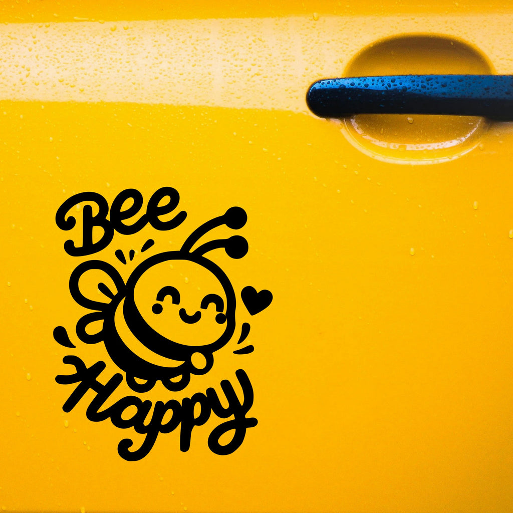 Black Bee Happy smiling bee sticker on a yellow car door.