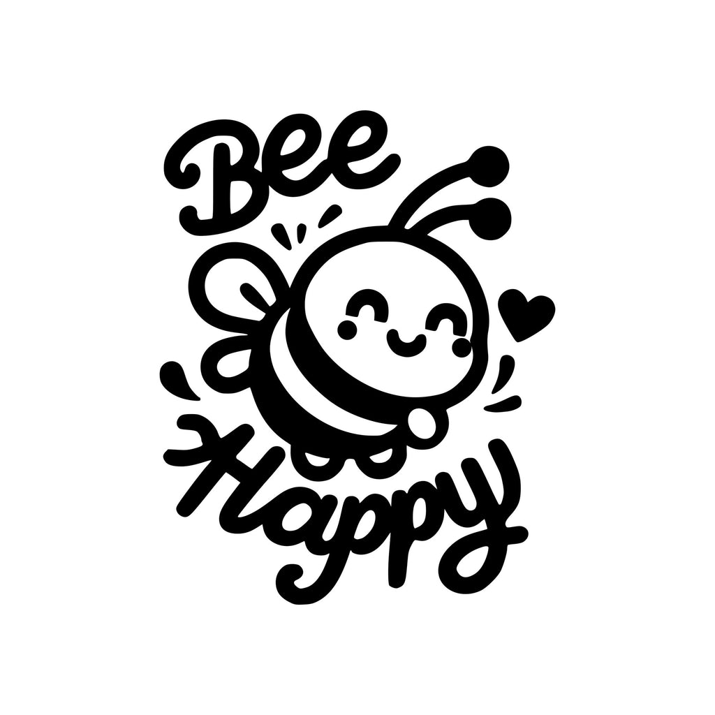 Bee Happy smiling bee design shown in black on a square white background.