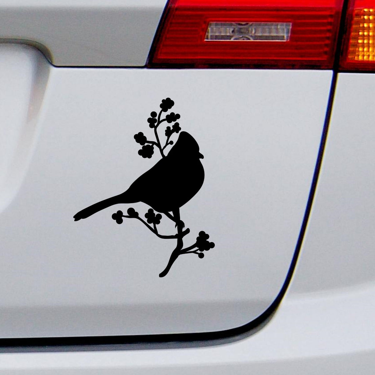 Black bird on a blossom branch decal on a white vehicle tailgate.