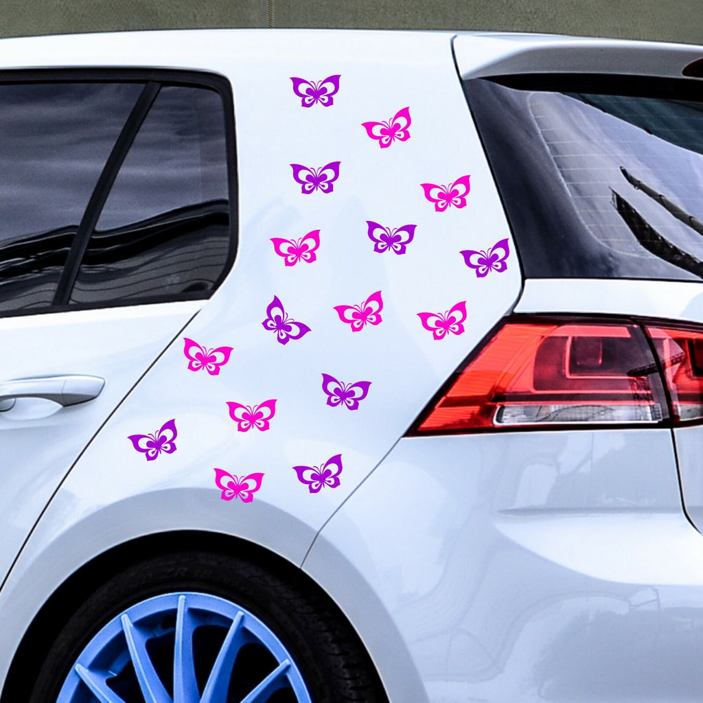 Purple and hot pink butterfly stickers on a white car.