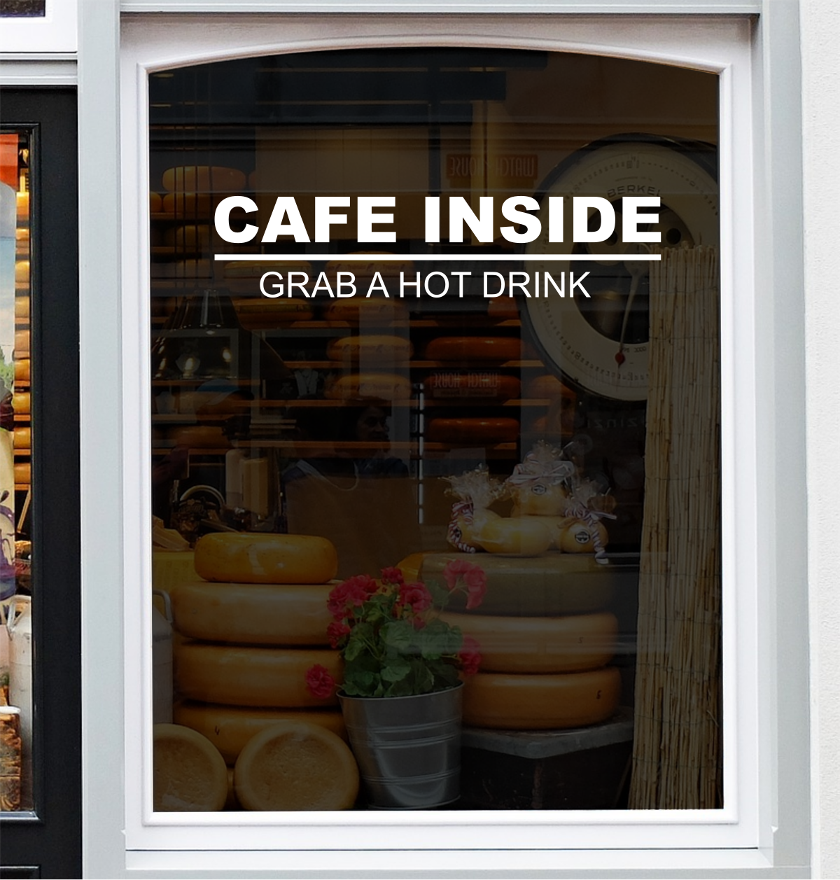 Cafe Inside Grab a Hot Drink Window Sticker — example window display 1.
