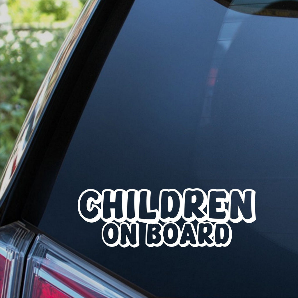 Children On Board outline car sticker shown on a dark vehicle window