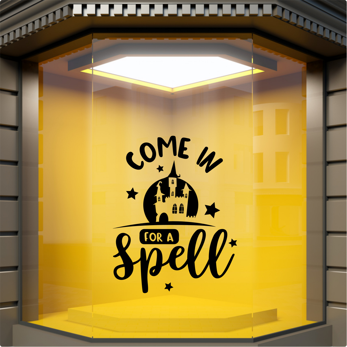 Come In for a Spell Halloween Window Sticker — example window display 1.