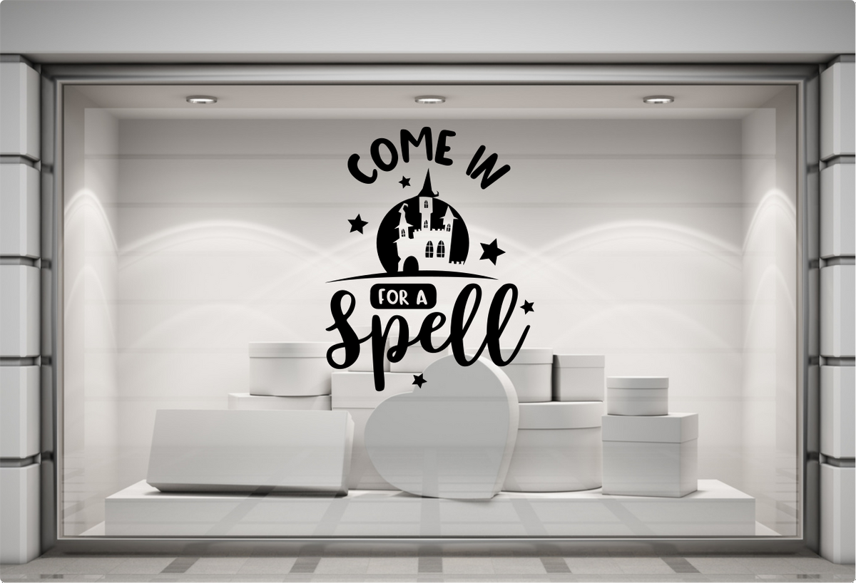 Come In for a Spell Halloween Window Sticker — example window display 2.