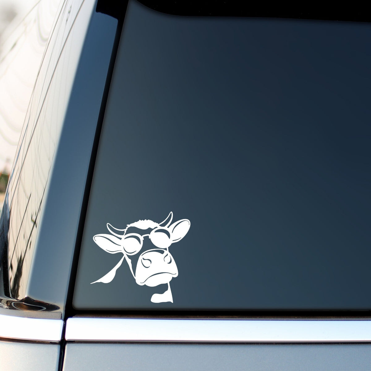White cow with sunglasses sticker on a vehicle side window.