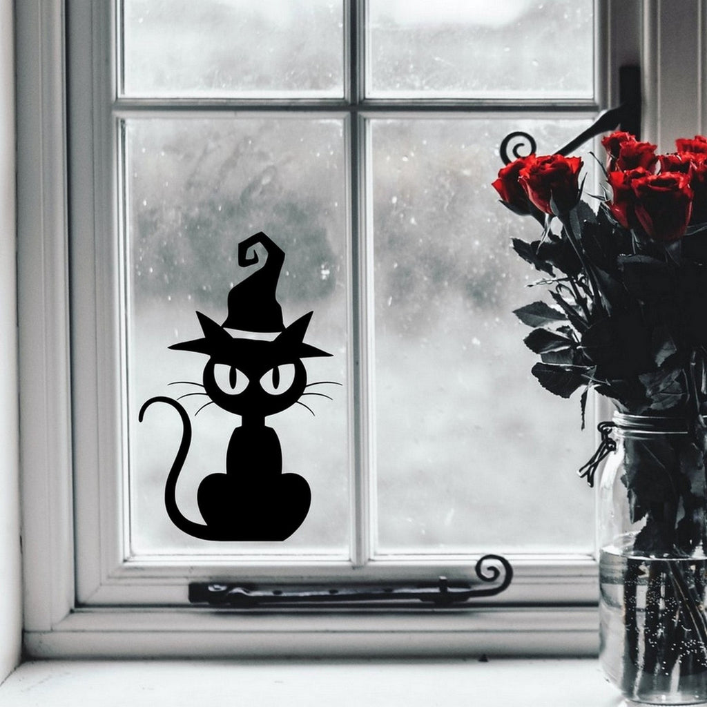 Creepy Cat Halloween window sticker displayed on a window