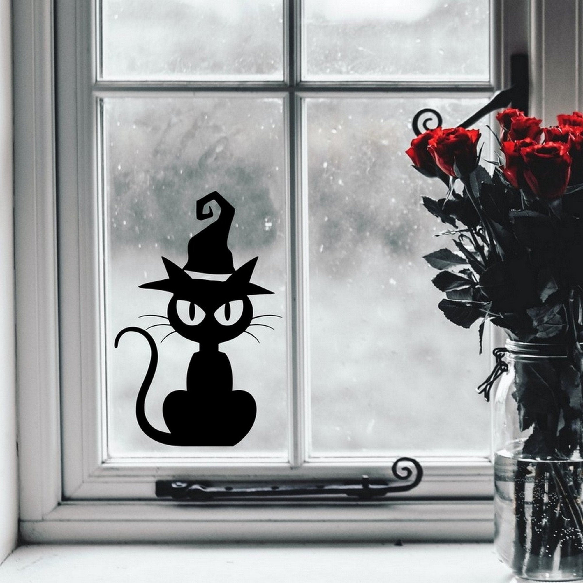 Creepy Cat Halloween window sticker displayed on a window