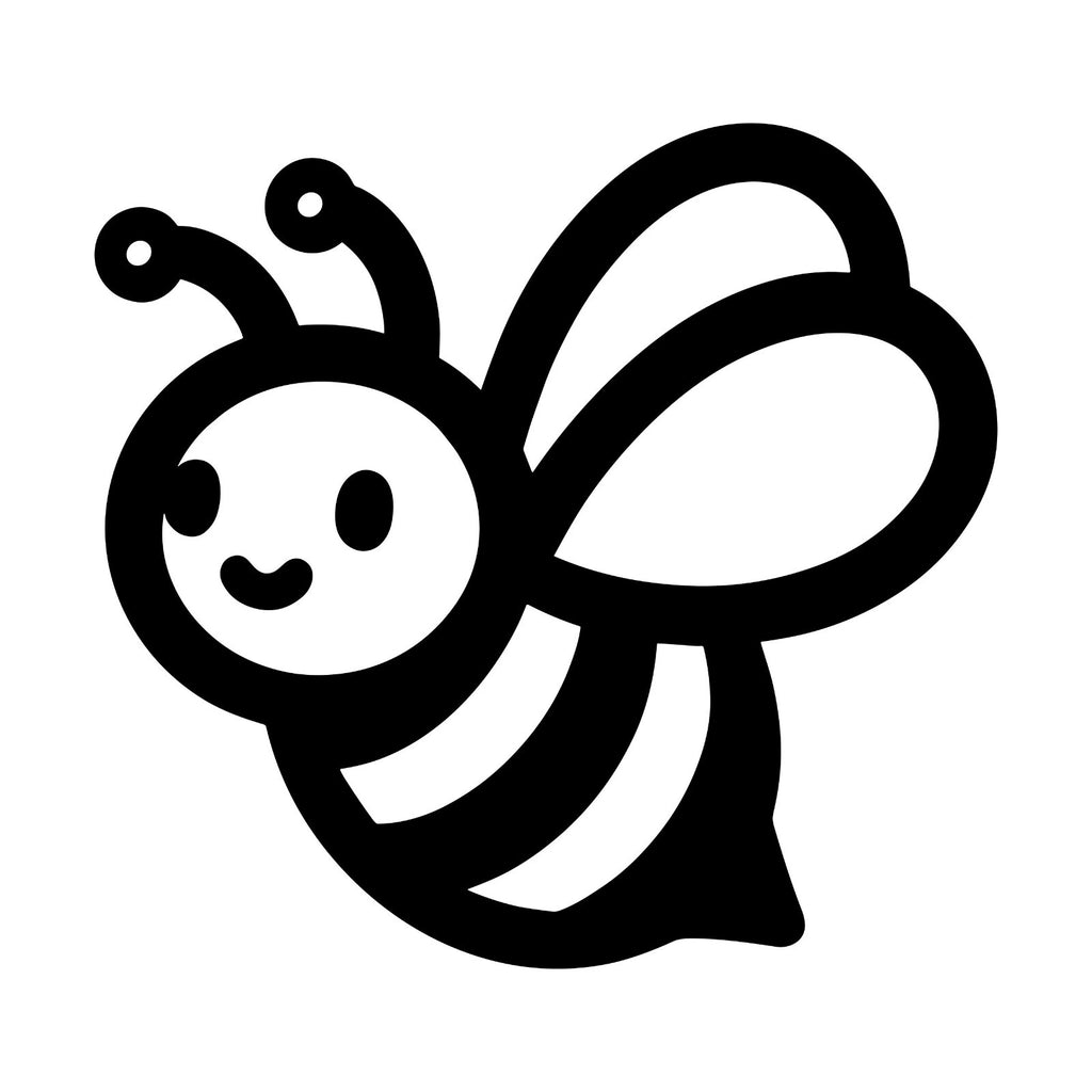 Black cute smiling bee sticker design shown on a white background.