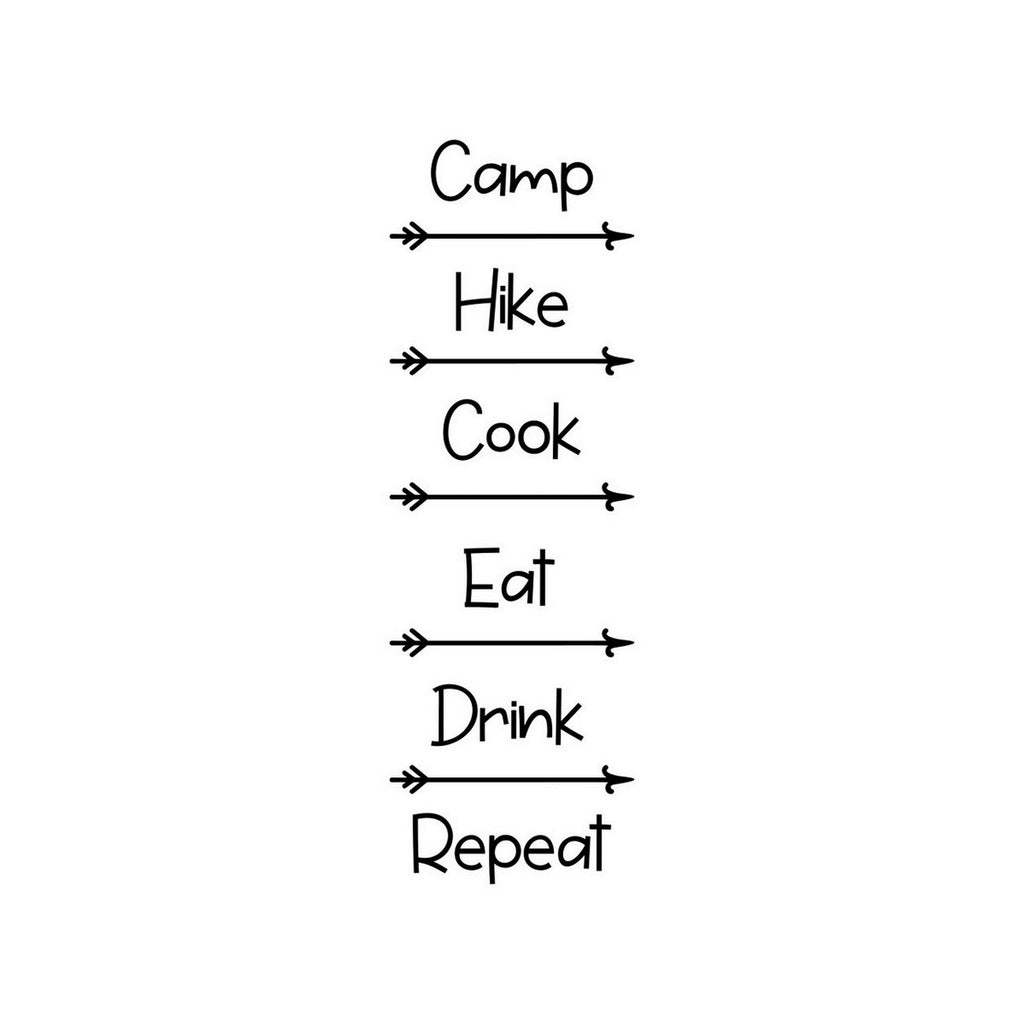 Camp Hike Cook Eat Drink Repeat caravan sticker black vinyl artwork