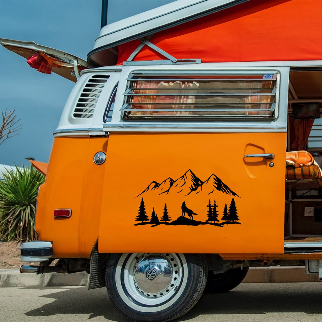 Howling Wolf Mountain sticker on a campervan