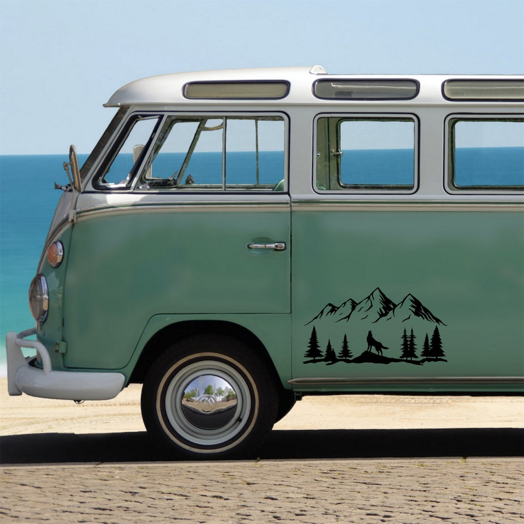 Howling Wolf Mountain decal on a campervan
