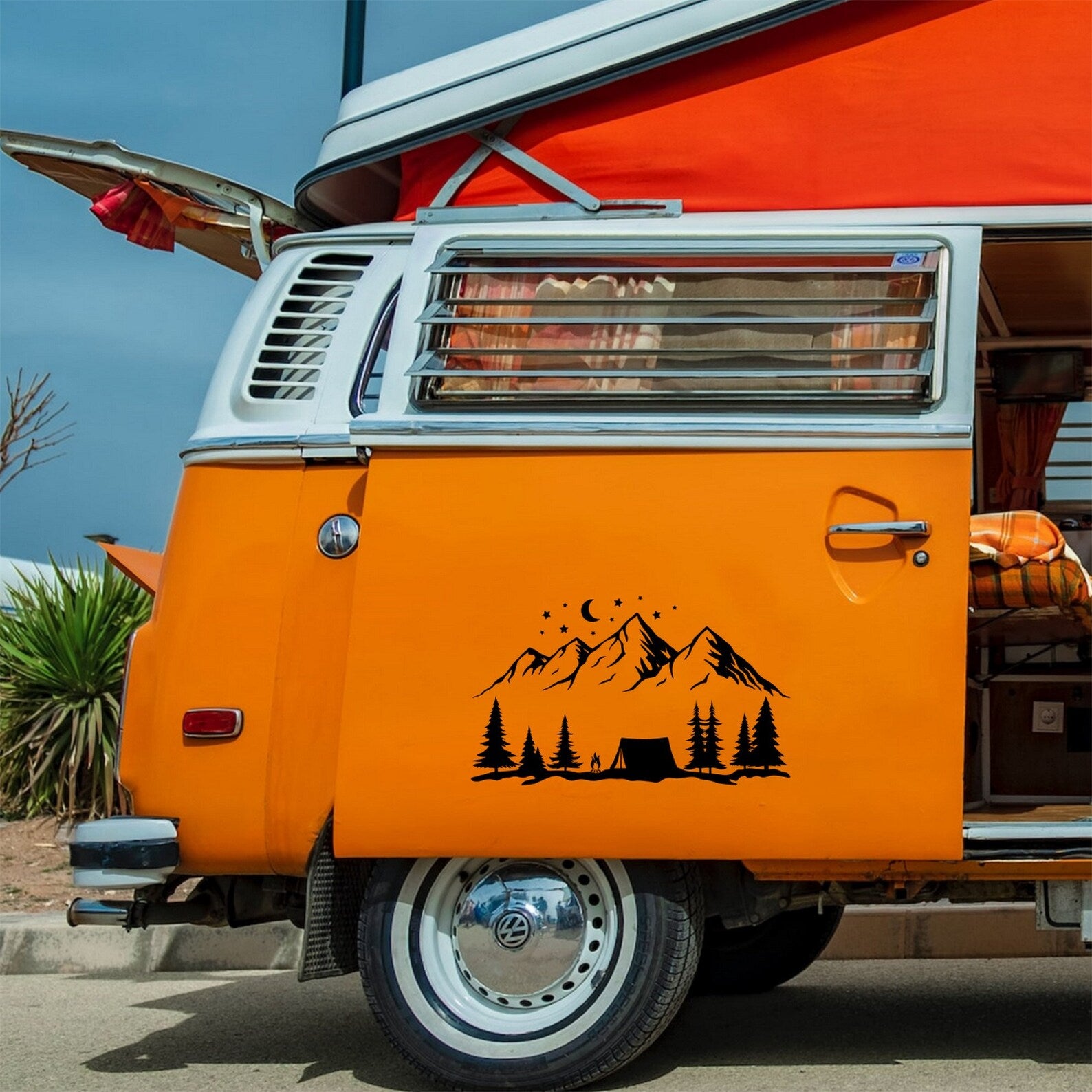 Camping Tent Mountain sticker on a campervan