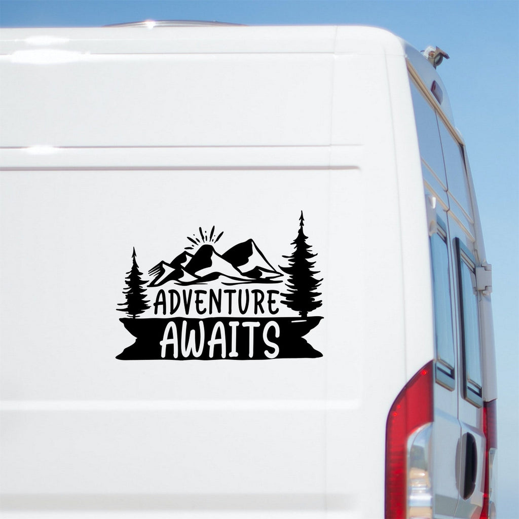 Adventure Awaits caravan sticker on a van