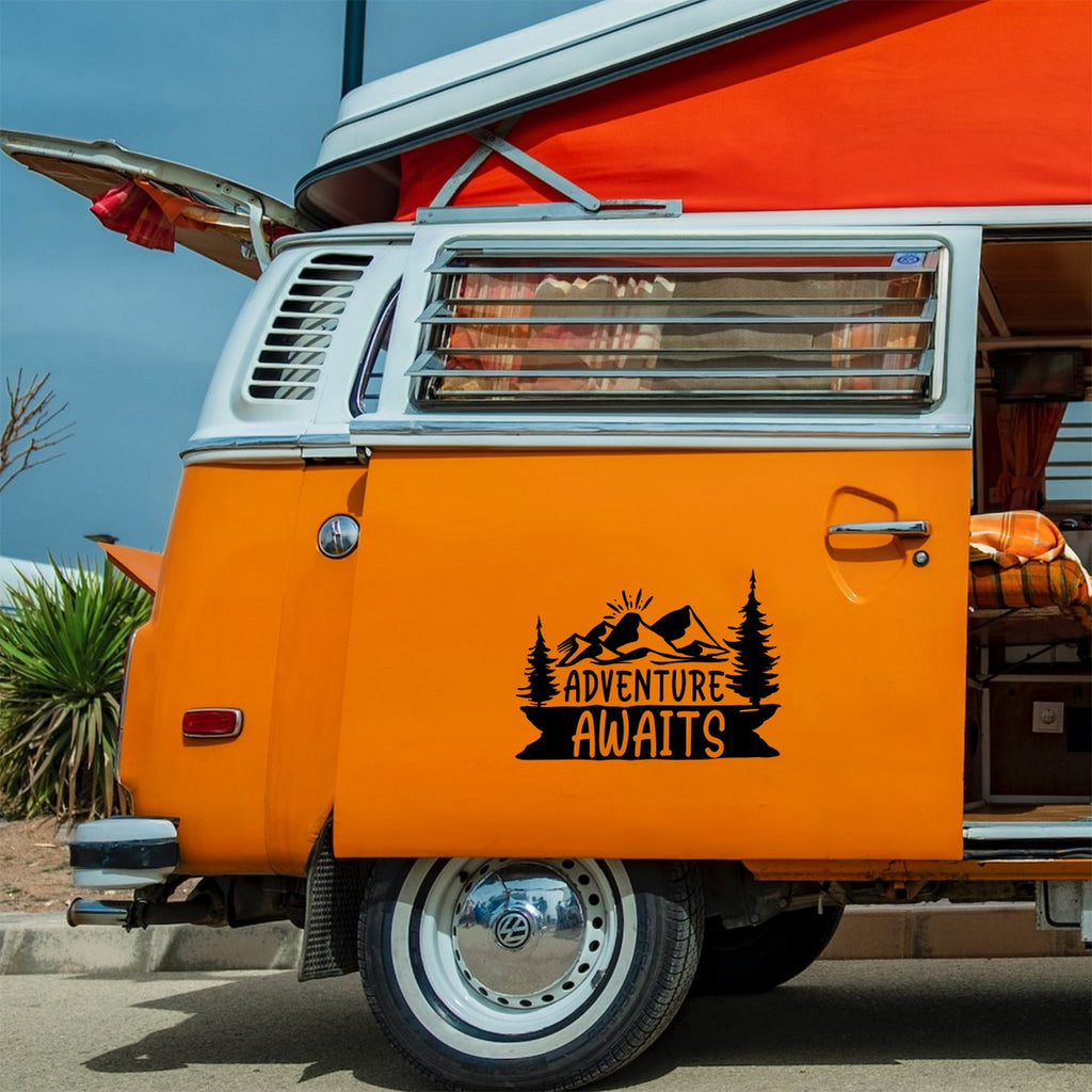 Adventure Awaits sticker on a campervan