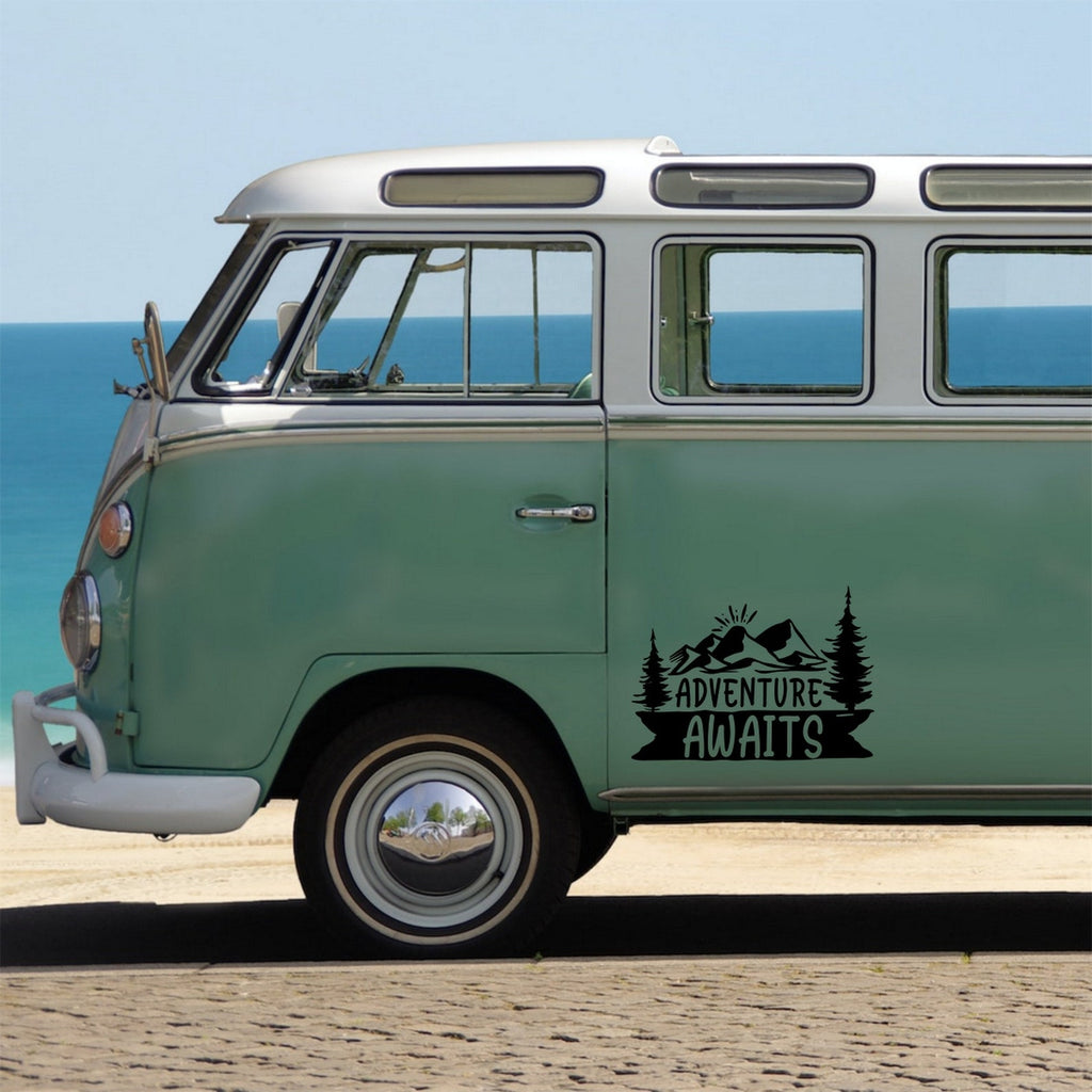 Adventure Awaits decal on a campervan