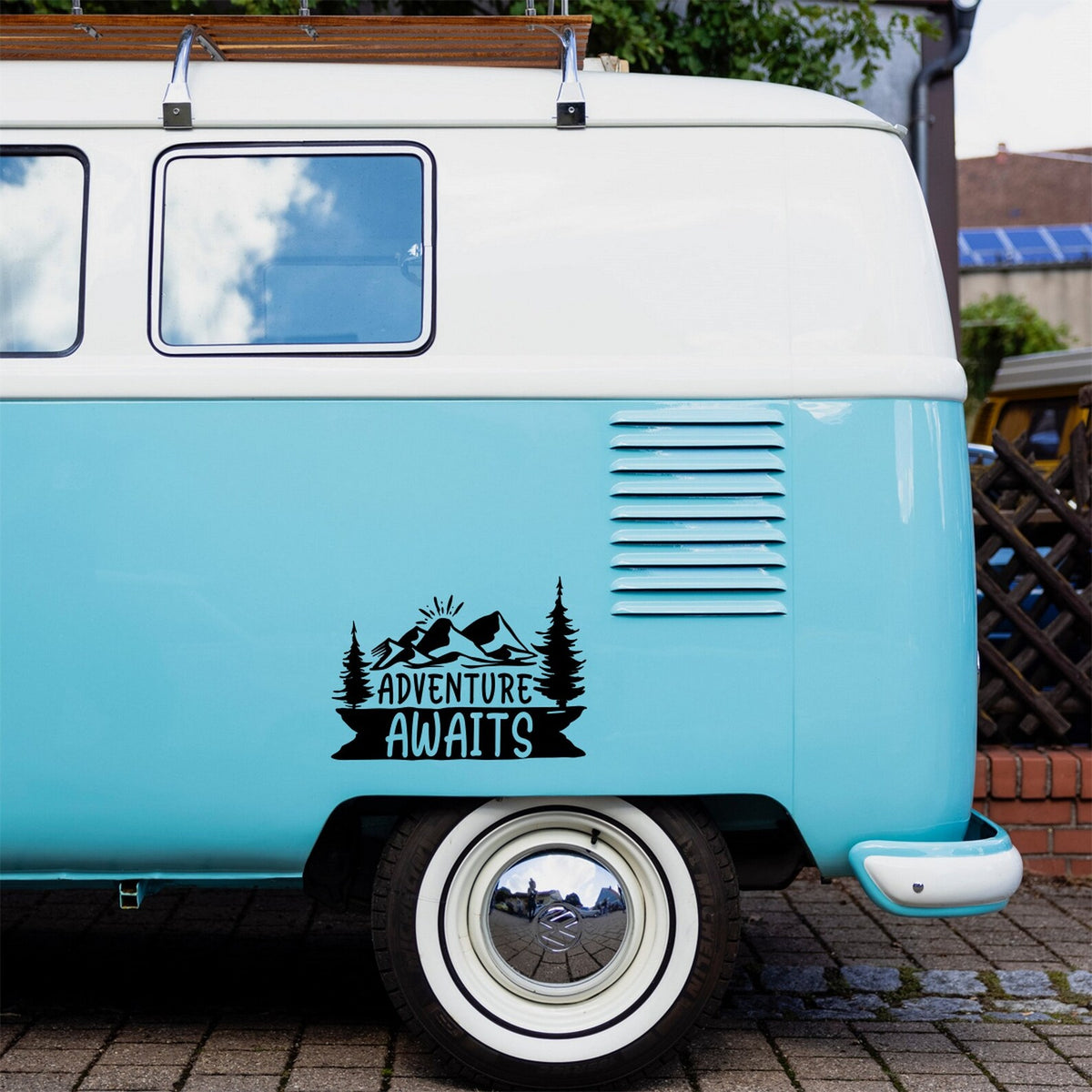 Adventure Awaits decal on a motorhome