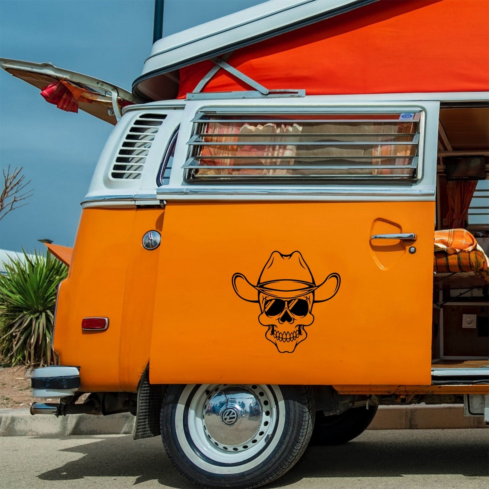 Skull Cowboy Hat sticker on a campervan