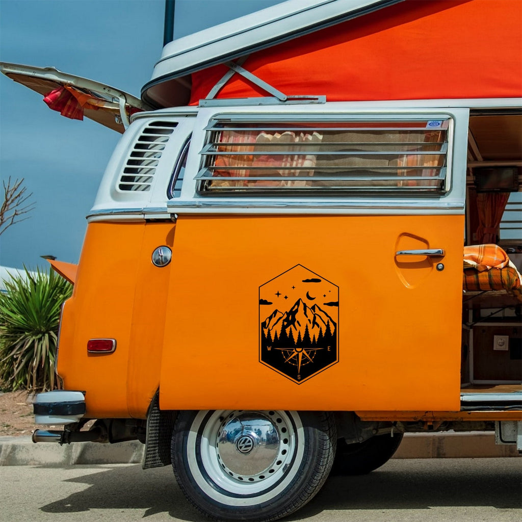 Mountain Compass sticker on a campervan