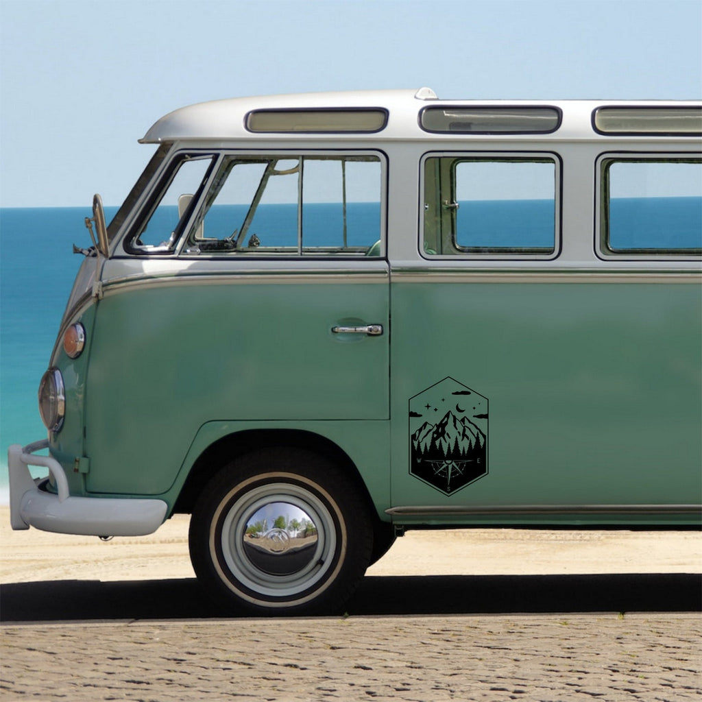Mountain Compass decal on a campervan