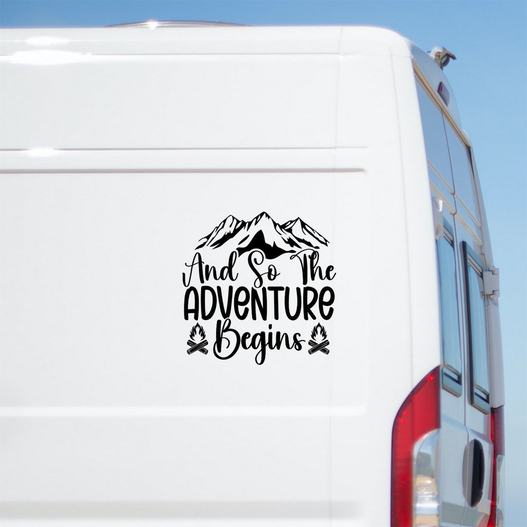 Adventure Begins Mountain caravan sticker on a van